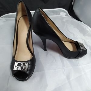 Coach Logo Aliya 6B Open peek Toe Black Stilettos